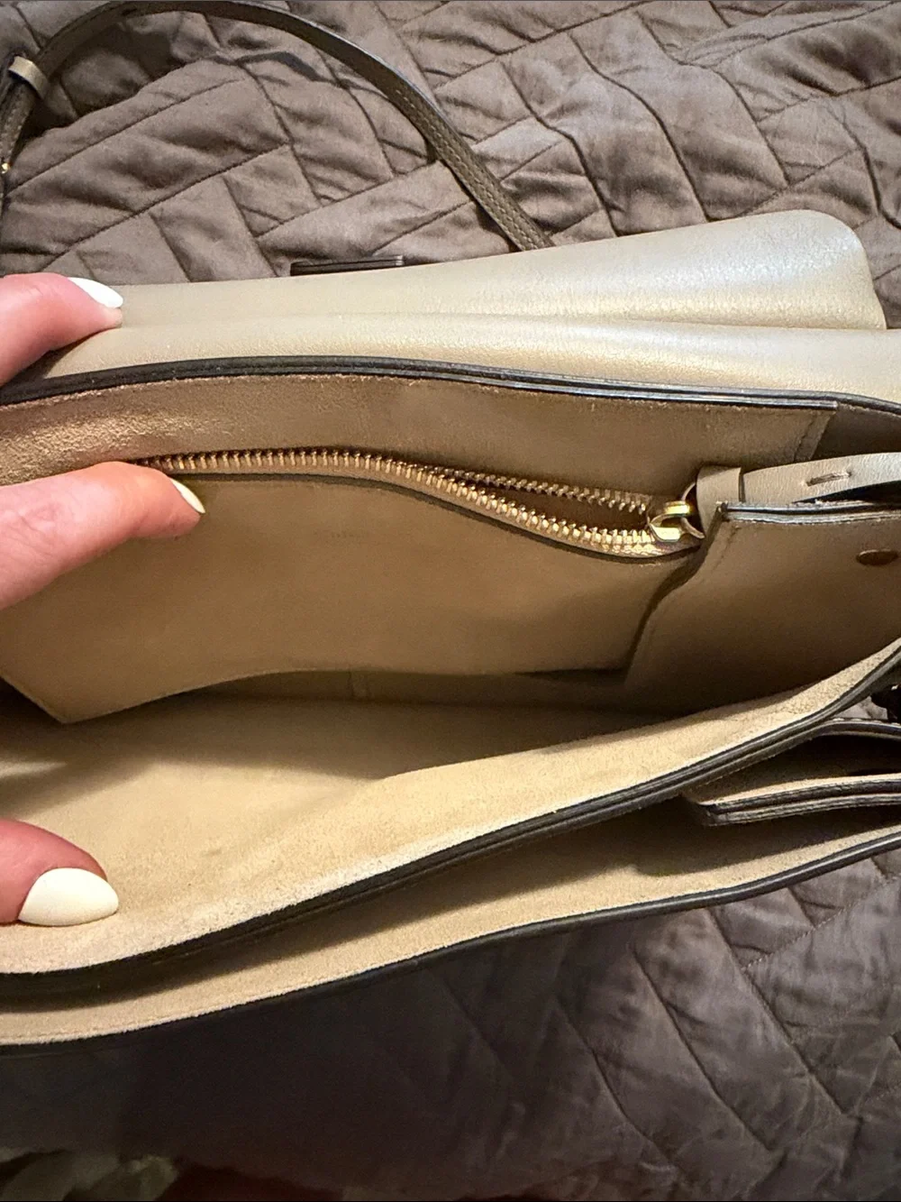 Chloé Two-Tone Taupe & Beige Shoulder Bag with Gold Ring